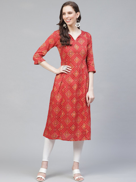

AHIKA Women Red & Orange Bandhani Print A-Line Kurta