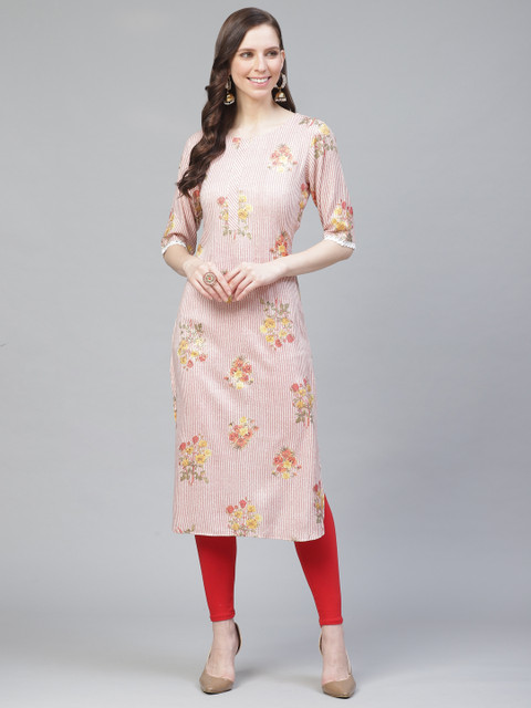 

AHIKA Women Mauve & Off-White Striped Straight Kurta
