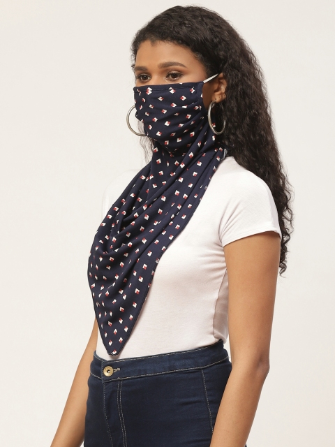 

Blueberry Women Navy Blue & White Printed Re-Usable Scarf Face Mask
