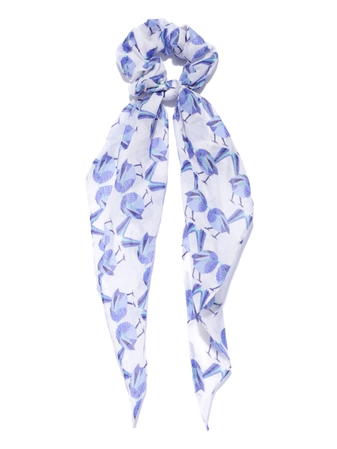 

Blueberry Women White & Blue Bird Print Scrunchie with Ruffled Knot Detail