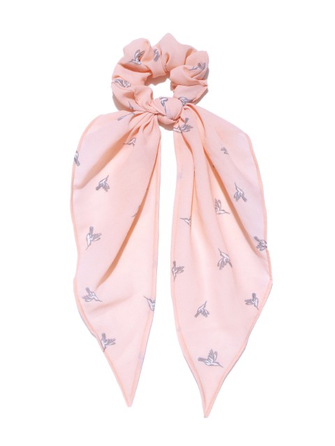

Blueberry Women Peach-Coloured & Grey Bird Print Scrunchie with Knot Detail