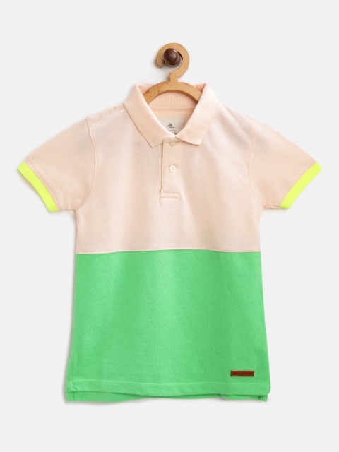 

Cherry Crumble Boys Peach-Coloured & Green Colourblocked Polo Collar T-shirt