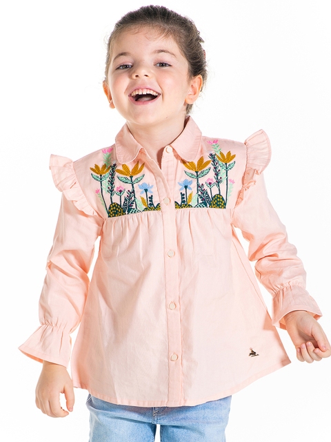 

Cherry Crumble Girls Peach-Coloured Embroidered Shirt Style Top