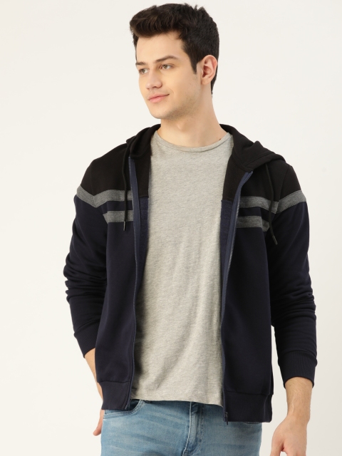 

United Colors of Benetton Men Navy Blue & Black Colourblocked Hooded Sweatshirt