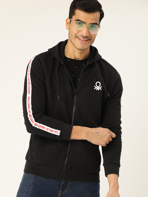

United Colors of Benetton Men Black Solid Hooded Sweatshirt