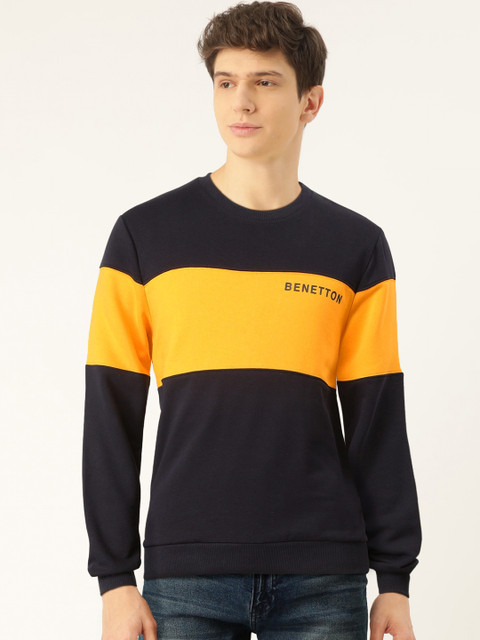 

United Colors of Benetton Men Navy Blue & Mustard Yellow Colourblocked Sweatshirt