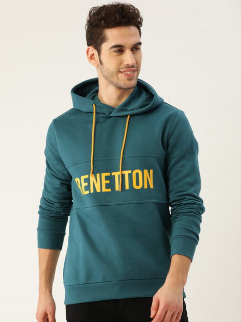 

United Colors of Benetton Men Teal Green & Yellow Brand Logo Hooded Sweatshirt
