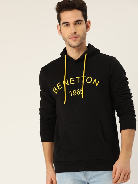 

United Colors of Benetton Men Black Brand Logo Print Hooded Sweatshirt