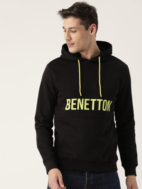 

United Colors of Benetton Men Black & Yellow Printed Hooded Sweatshirt
