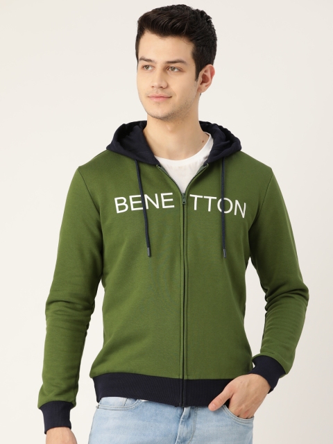 

United Colors of Benetton Men Olive Green Solid Hooded Sweatshirt