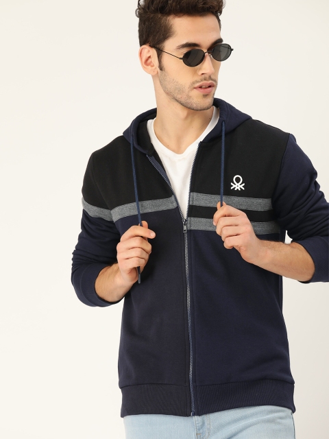 

United Colors of Benetton Men Navy Blue & Black Striped Hooded Sweatshirt