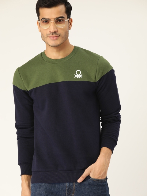

United Colors of Benetton Men Navy Blue & Olive Green Colourblocked Sweatshirt