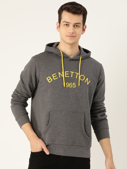 

United Colors of Benetton Men Charcoal Grey Brand Logo Print Hooded Sweatshirt