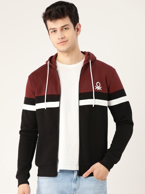 

United Colors of Benetton Men Black & Maroon Colourblocked Hooded Sweatshirt
