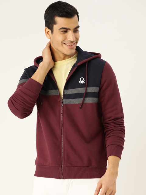 

United Colors of Benetton Men Burgundy & Navy Blue Colourblocked Hooded Sweatshirt