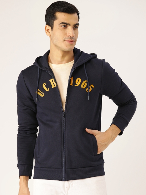 

United Colors of Benetton Men Navy Blue & Yellow Printed Detail Hooded Sweatshirt