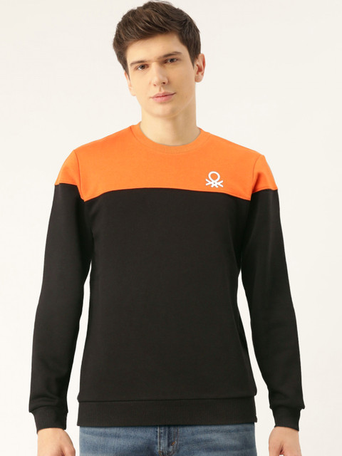 

United Colors of Benetton Men Black & Orange Colourblocked Sweatshirt