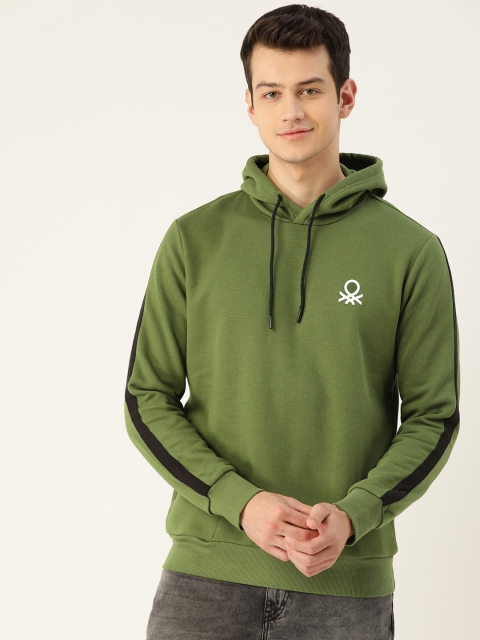 

United Colors of Benetton Men Olive Green Solid Hooded Sweatshirt