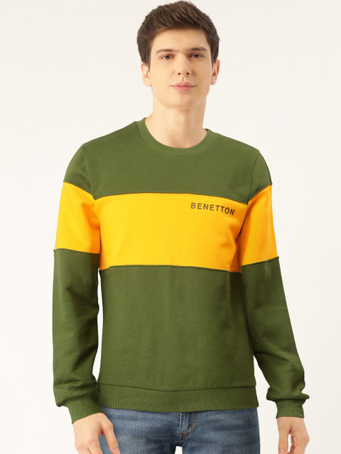 

United Colors of Benetton Men Olive Green & Yellow Colourblocked Sweatshirt