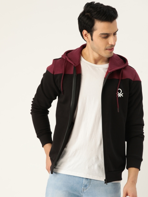 

United Colors of Benetton Men Black & Burgundy Colourblocked Hooded Sweatshirt