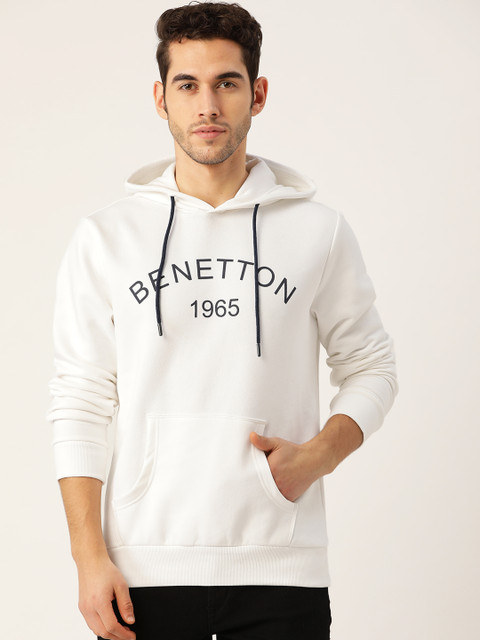 

United Colors of Benetton Men White Brand Logo Print Hooded Sweatshirt