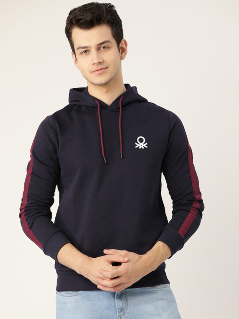 

United Colors of Benetton Men Navy Blue Solid Hooded Sweatshirt