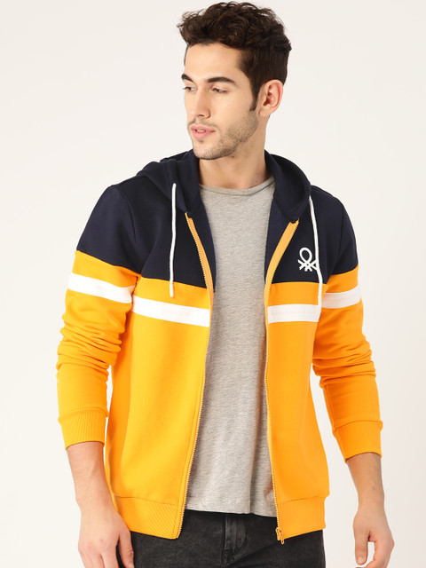 

United Colors of Benetton Men Mustard Yellow & Navy Blue Colourblocked Hooded Sweatshirt