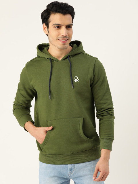 

United Colors of Benetton Men Olive Green Solid Hooded Sweatshirt
