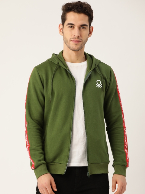 

United Colors of Benetton Men Olive Green Solid Hooded Sweatshirt