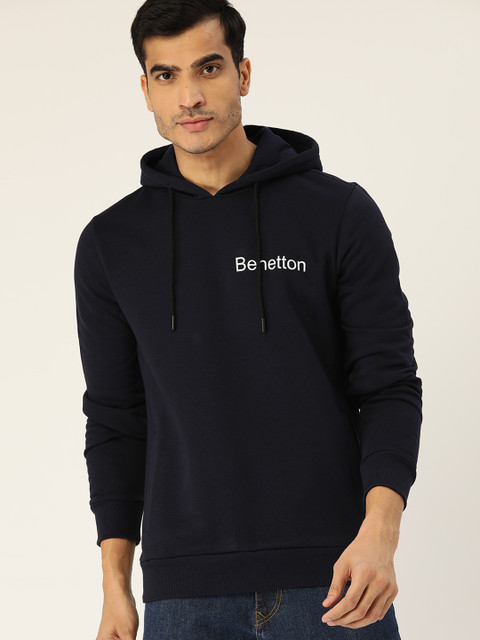 

United Colors of Benetton Men Navy Blue Solid Hooded Sweatshirt
