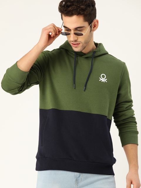 

United Colors of Benetton Men Olive Green & Navy Blue Colourblocked Hooded Sweatshirt