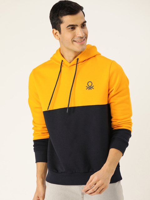 

United Colors of Benetton Men Mustard Yellow & Navy Blue Colourblocked Hooded Sweatshirt
