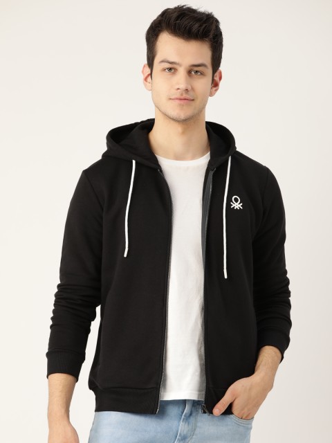 

United Colors of Benetton Men Black Solid Hooded Sweatshirt