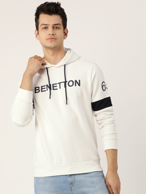 

United Colors of Benetton Men White Brand Logo Print Hooded Sweatshirt