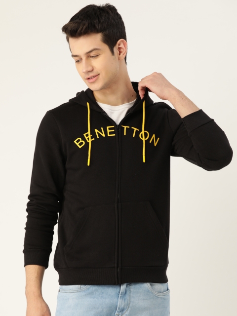 United Colors of Benetton Men Black & Yellow Printed Hooded Sweatshirt