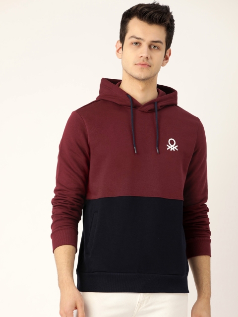 

United Colors of Benetton Men Maroon & Navy Blue Colourblocked Hooded Sweatshirt
