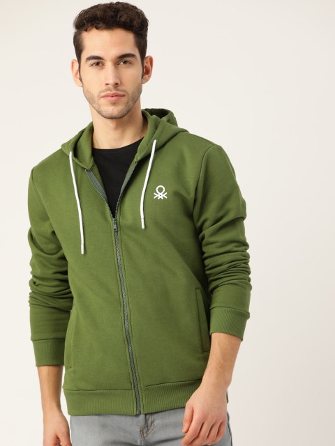 

United Colors of Benetton Men Olive Green Solid Hooded Sweatshirt