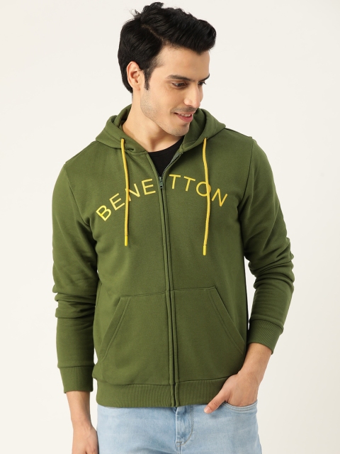 

United Colors of Benetton Men Olive Green Brand Logo Print Hooded Sweatshirt