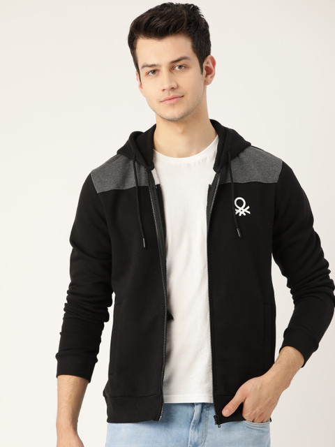 

United Colors of Benetton Men Black & Grey Melange Colourblocked Hooded Sweatshirt