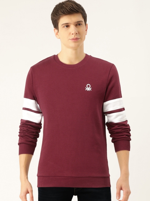 

United Colors of Benetton Men Burgundy Solid Sweatshirt with Striped Detail