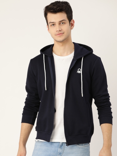 United Colors of Benetton Men Navy Blue Solid Hooded Sweatshirt