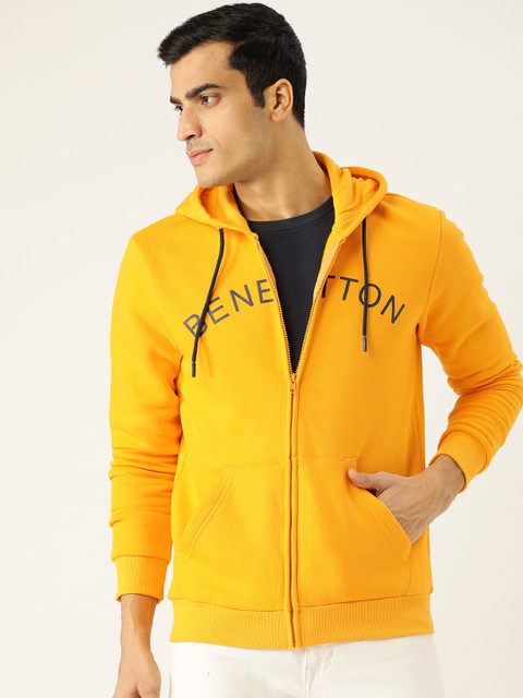 

United Colors of Benetton Men Mustard Yellow & Navy Blue Printed Detail Hooded Sweatshirt