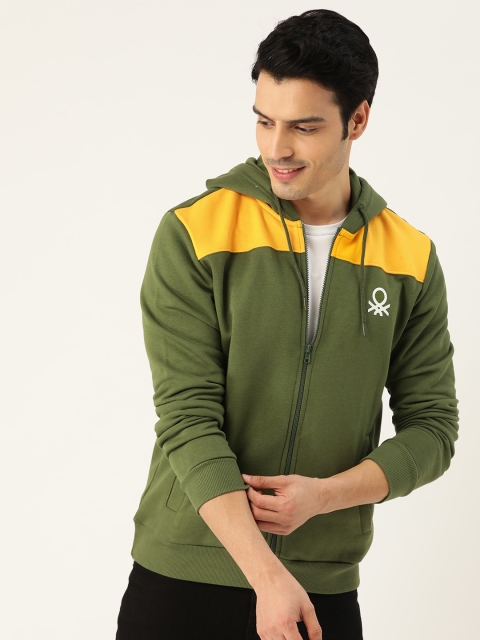 

United Colors of Benetton Men Olive Green & Mustard Yellow Colourblocked Hooded Sweatshirt