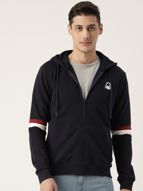 

United Colors of Benetton Men Navy Blue Solid Hooded Sweatshirt