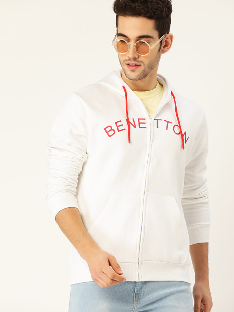

United Colors of Benetton Men White & Red Printed Detail Hooded Sweatshirt