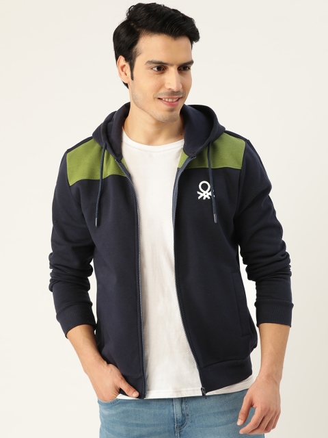 

United Colors of Benetton Men Navy Blue & Green Colourblocked Hooded Sweatshirt