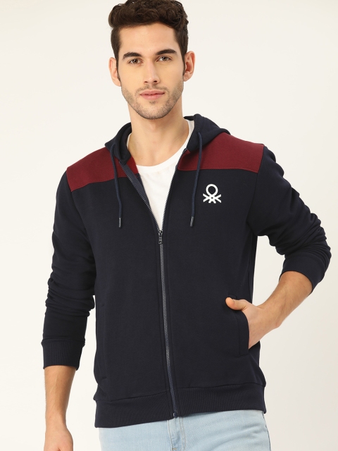 

United Colors of Benetton Men Navy Blue & Burgundy Hooded Sweatshirt