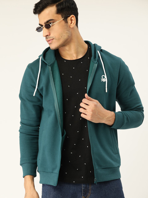 

United Colors of Benetton Men Teal Green Solid Hooded Sweatshirt
