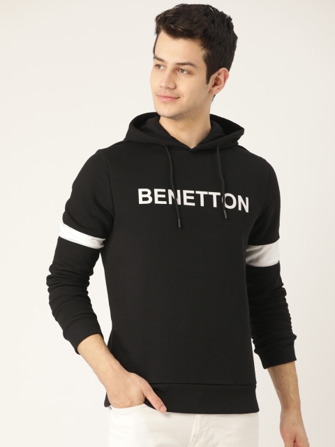 

United Colors of Benetton Men Black Brand Logo Print Hooded Sweatshirt