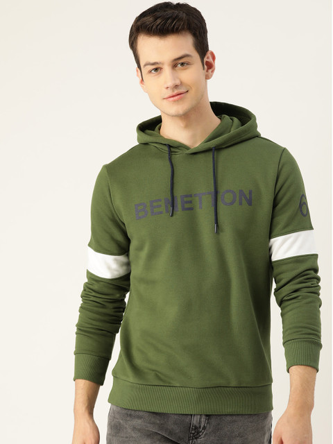 

United Colors of Benetton Men Olive Green Printed Hooded Sweatshirt